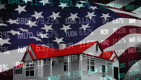 animación del procesamiento de datos sobre la bandera de los ee.uu. y la casa.