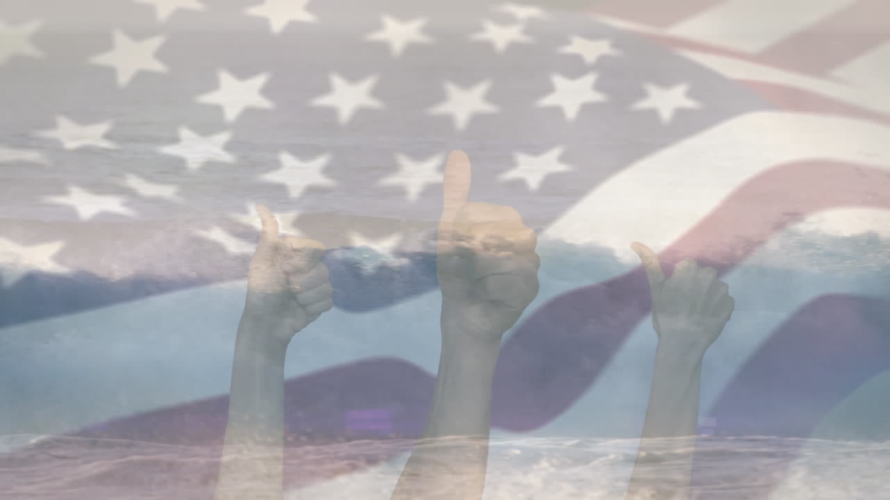 Animation of flag of united states blowing over seascape and hands