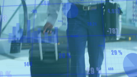 animación de gráficos, números, hombre afroamericano con bolsa de carretilla manteniendo el teléfono móvil en el bolsillo
