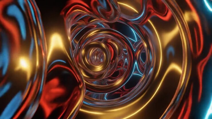 Abstract 3D Animation of Glowing Metallic Rings in a Tunnel