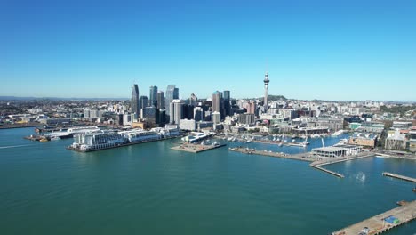 Auckland-City-CBD,-Sky-Tower-And-Harbor-In-New-Zealand---Aerial-Drone-Shot