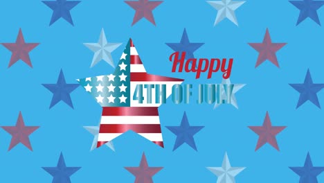 animation of happy 4th of july text over stars on blue background