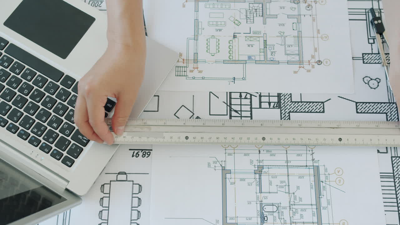 Architect working on house plans using a laptop and blueprints.