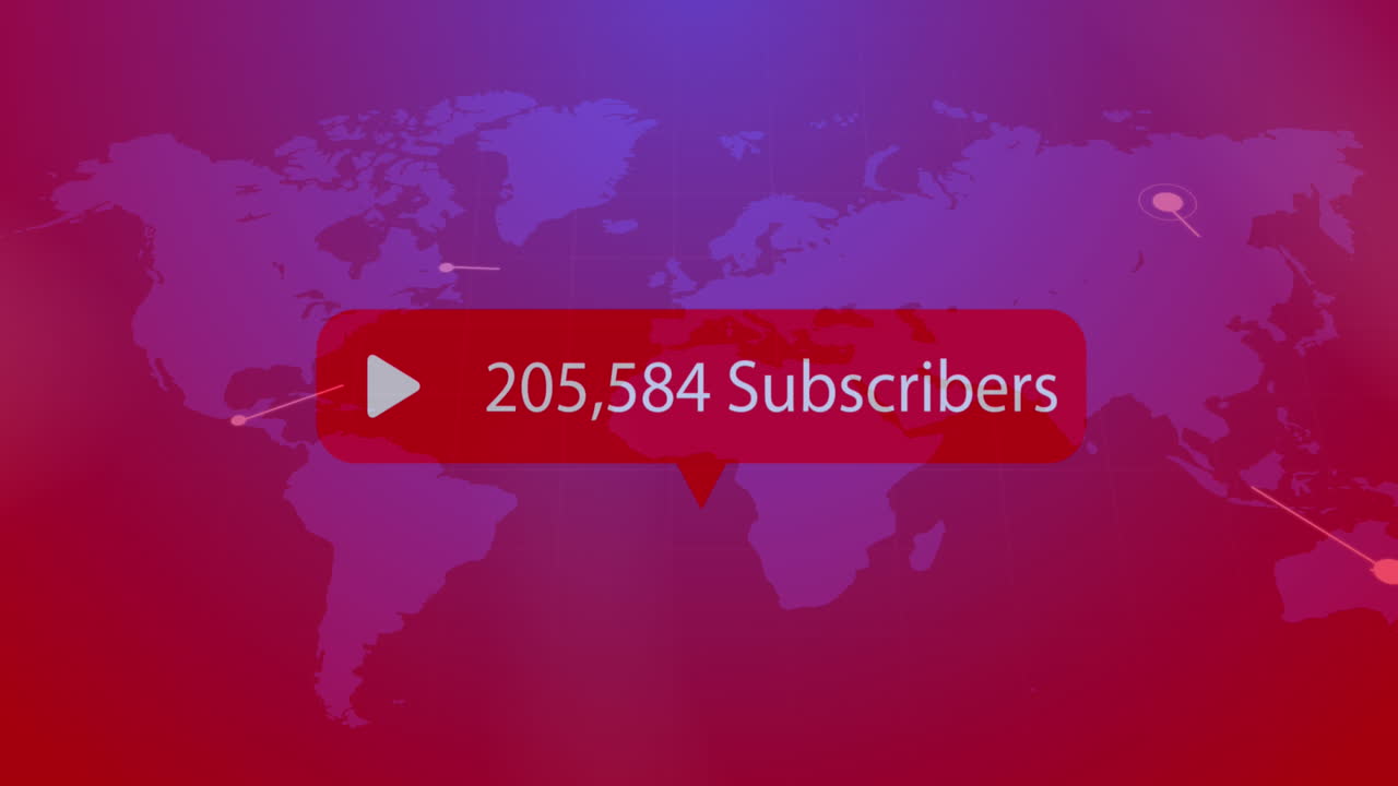 animación del aumento de los suscriptores en la burbuja de voz sobre el mapa del mundo en fondo de gradiente púrpura