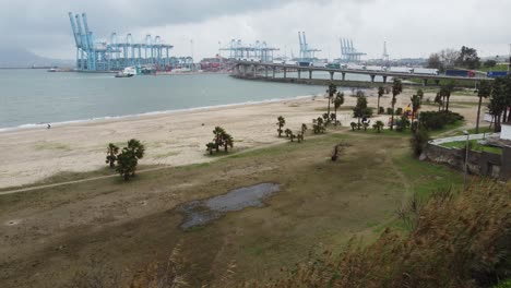 The-illusion-shatters-as-towering-cargo-cranes-loom-over-a-beach-lined-with-swaying-palm-trees,-revealing-the-industrial-heart-beneath-Spain's-sunny-facade