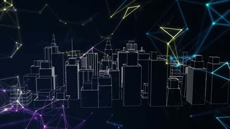 animation of network of connections over 3d cityscape drawing