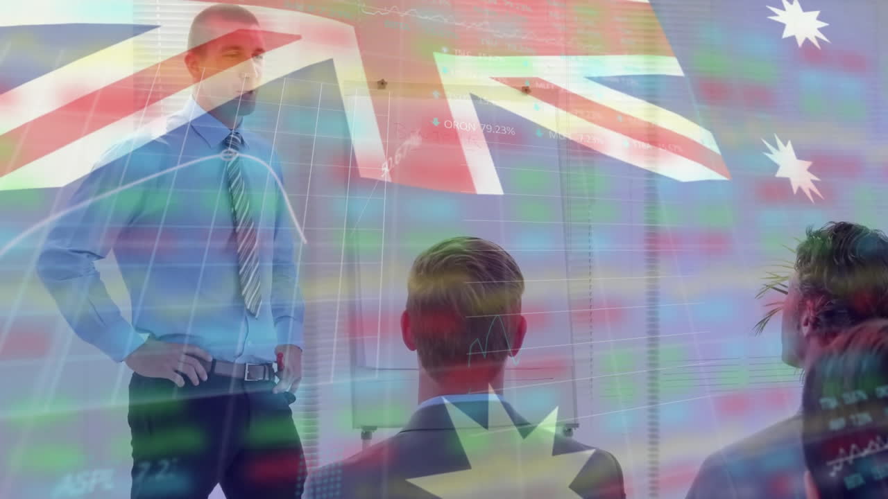 다양한 비즈니스 사람들 및 오스트레일리아의 발에 대한 금융 데이터 처리의 애니메이션