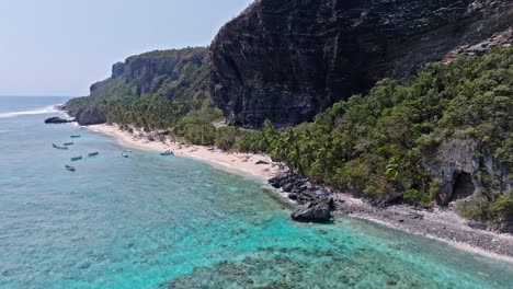 Aerial-wide-shot-showing-tropical-coastline-with-palm-trees,-beach-and-boats-in-turquoise-water-during-summer---Playa-Fronton,-Dominican-Repubblicas