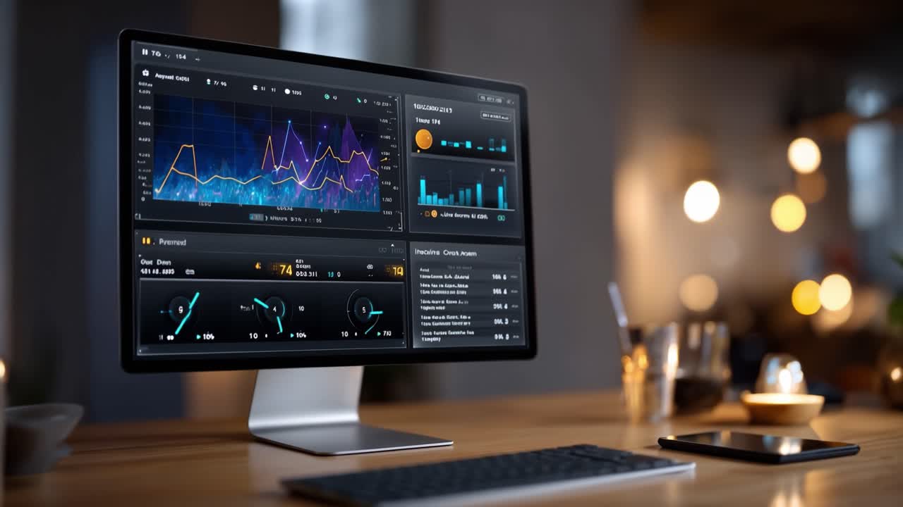 Dynamic Data Dashboard Displaying Financial Analytics and Insights in a Modern Workspace Environment with a Computer Screen and Urban Background