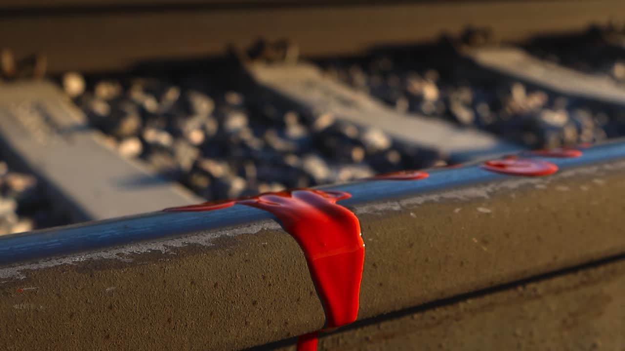 Close up view gliding over rusty brown and metal railroad tracks that have bloos spatter or red paint flowing on it during a summer sunny day. Bokeh background, shallow depth of field