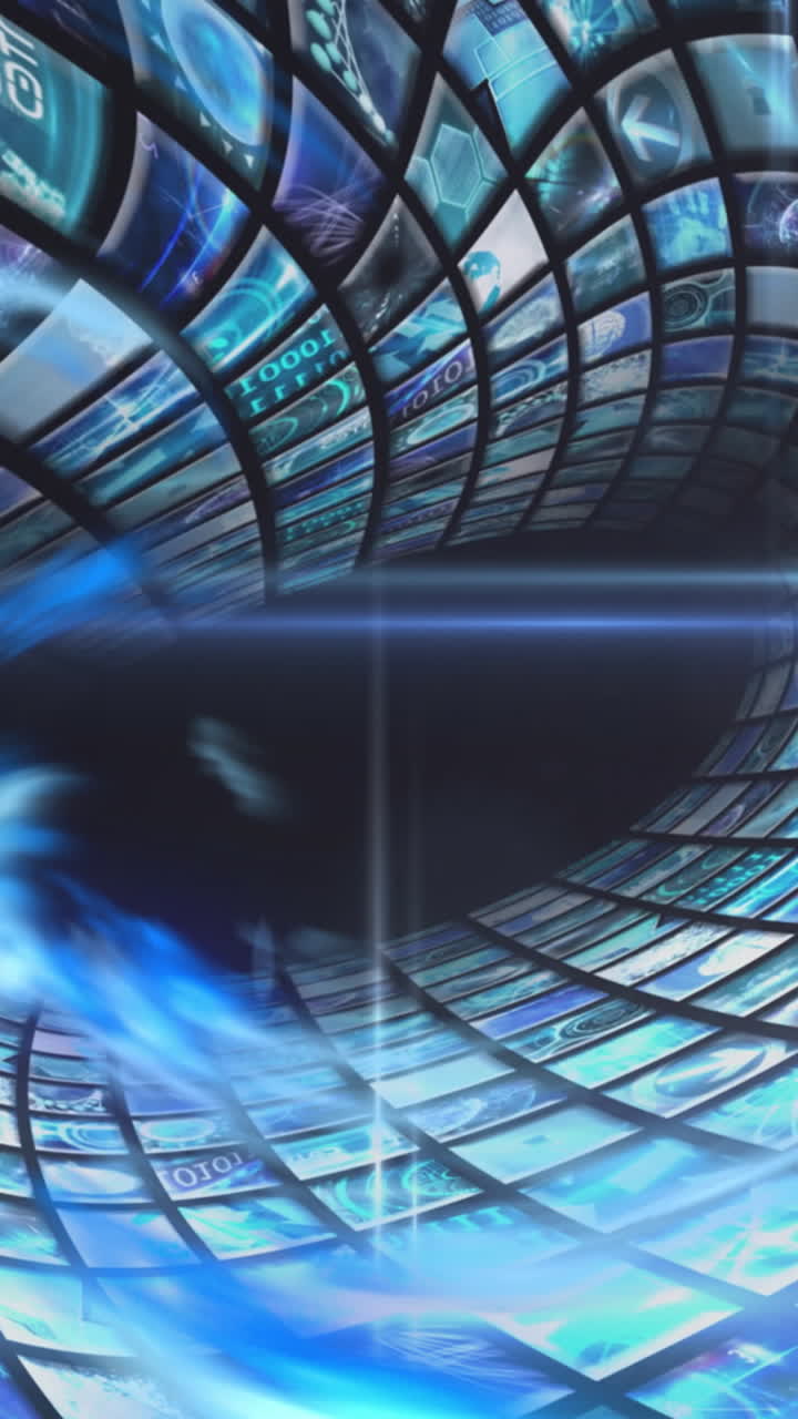 Animazione di un tunnel fatto di luci blu e schermi