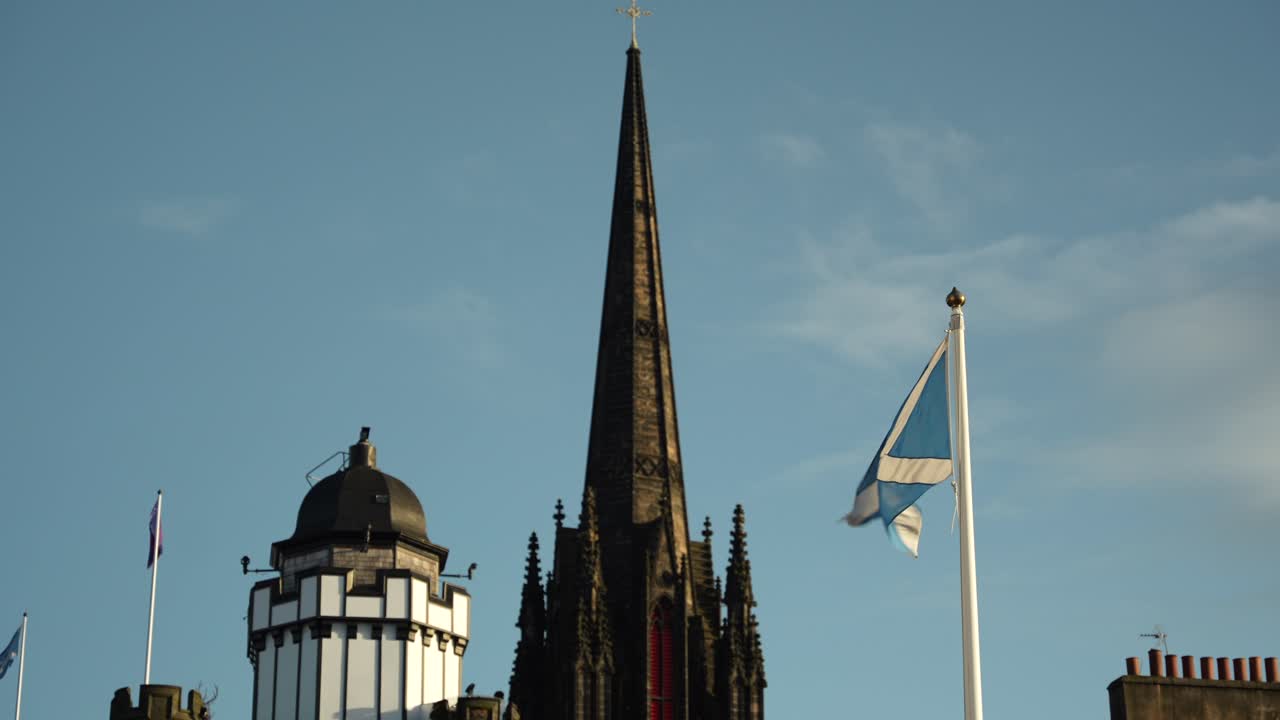 Scottish flag, St Andrew's Cross waving in the wind in Edinburgh city centre