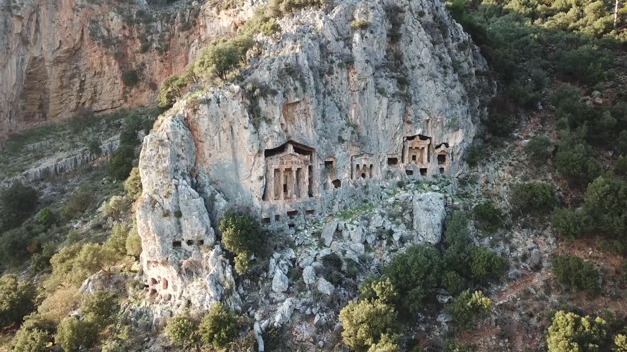 Drone picturesque view on Lycian Tombs in Dalyan, Turkey
