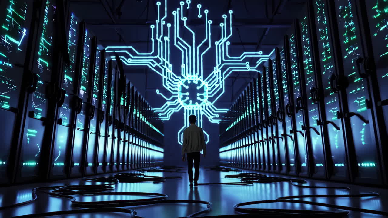 Person Walking Through Futuristic Data Center