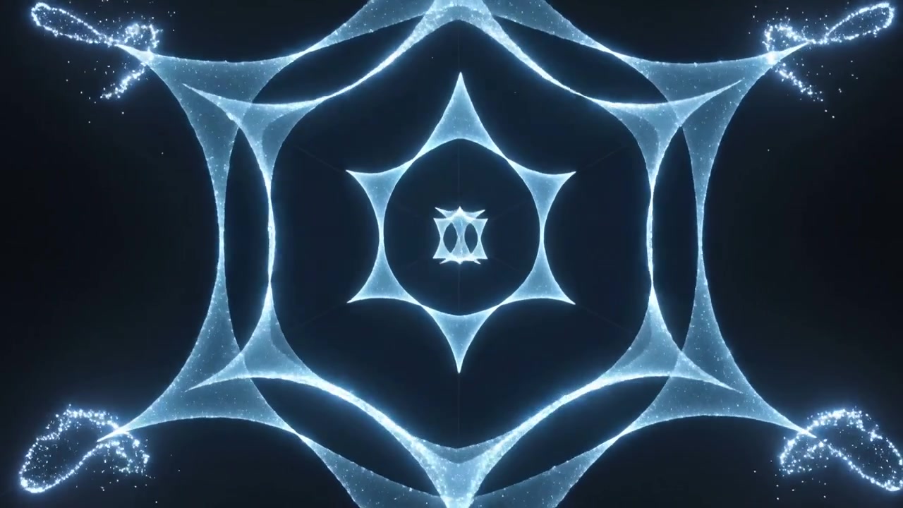 Forming centered luminous particle mandala pulsing from bright core in dark void, revealing star