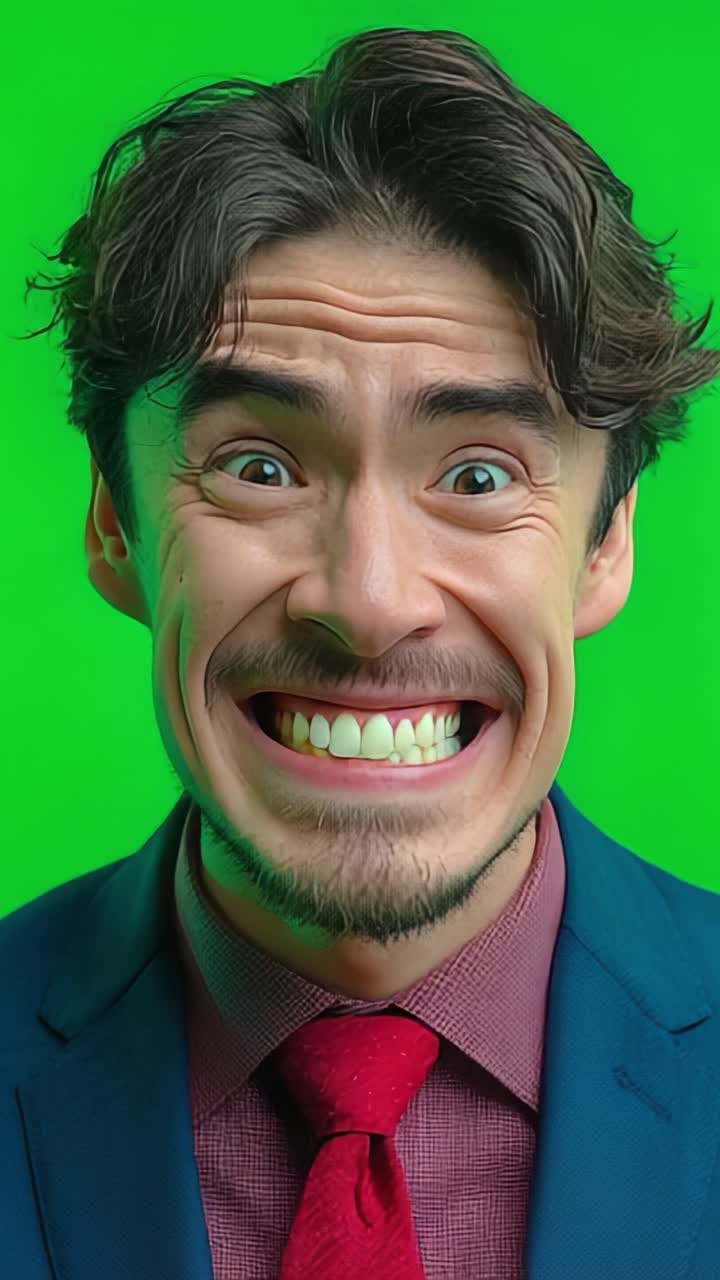 Espressioni di sorpresa e gioia: La drammatica transizione di un uomo dallo shock alla felicità su uno sfondo verde.