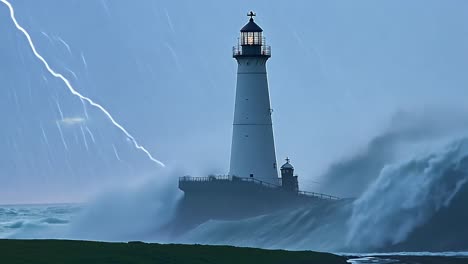 powerful waves crash against a lighthouse during a storm, with lightning illuminating the dramatic sky and turbulent sea