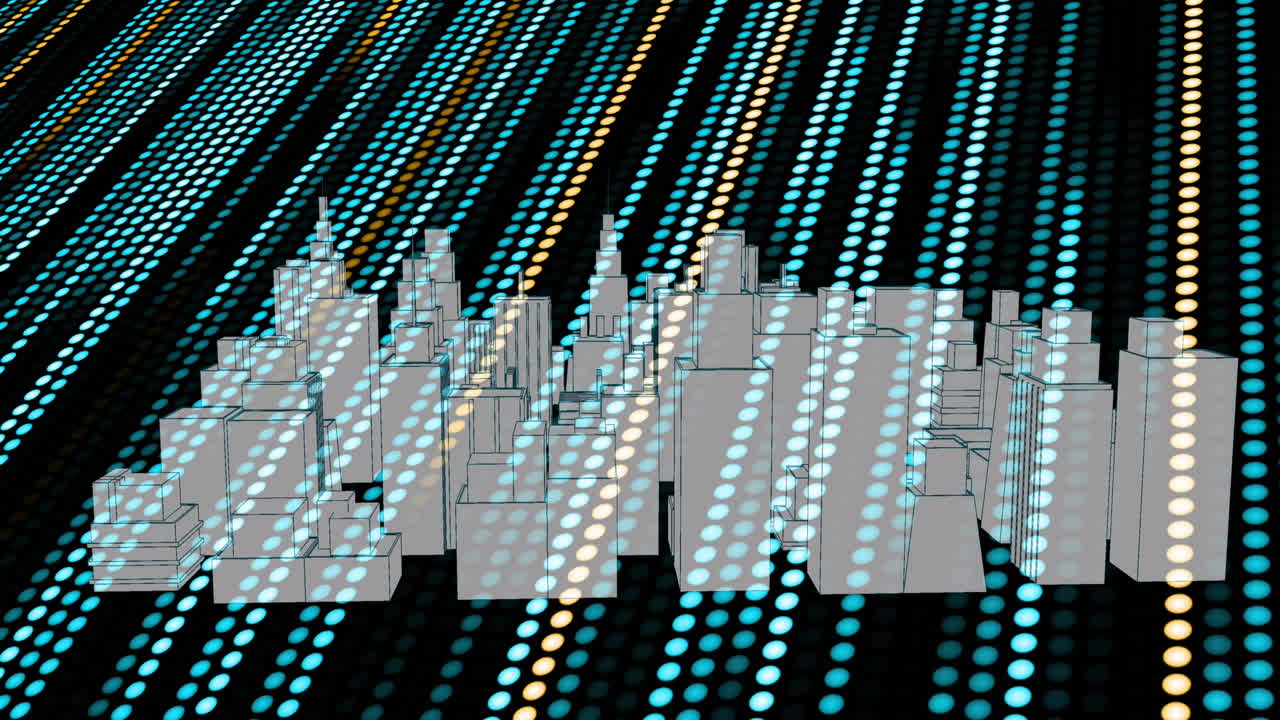 Animation of metaverse city and yellow and green lines on black background