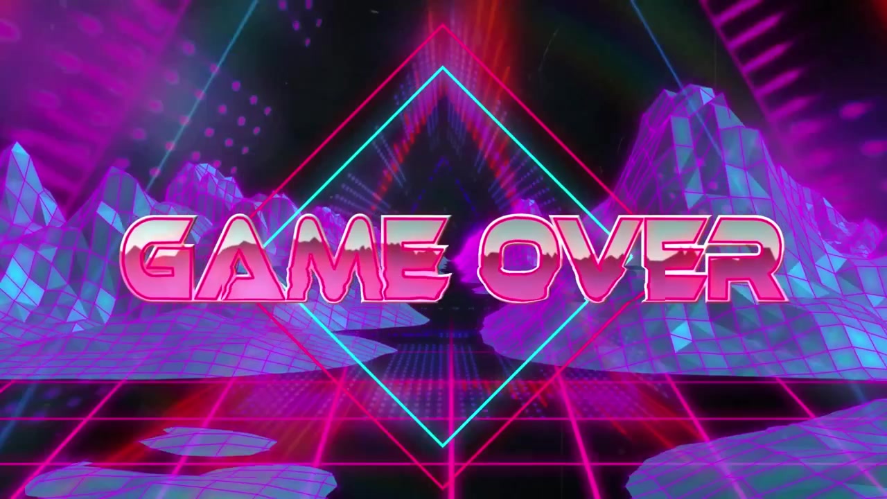 Video del testo "Game Over" su un motivo luminoso e metaverso
