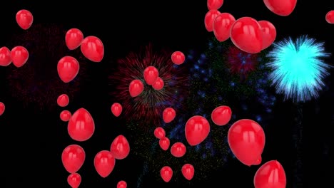 animación de globos rojos con fuegos artificiales de navidad y año nuevo en el cielo nocturno