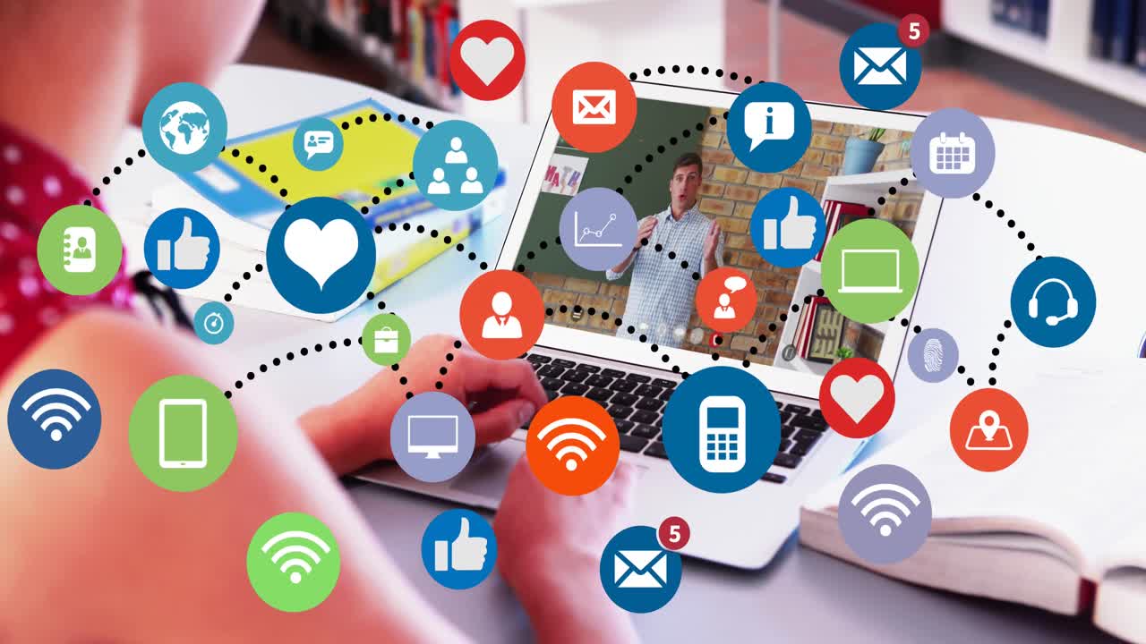 red de iconos digitales contra la sección media del empresario pincel de pintura y la mujer en la oficina