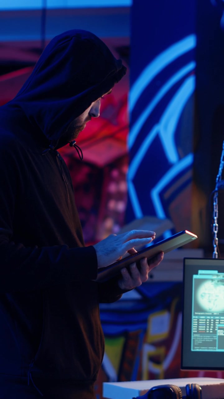 Hacker di video verticali che arriva con un tablet in una base nascosta, diffondendo virus