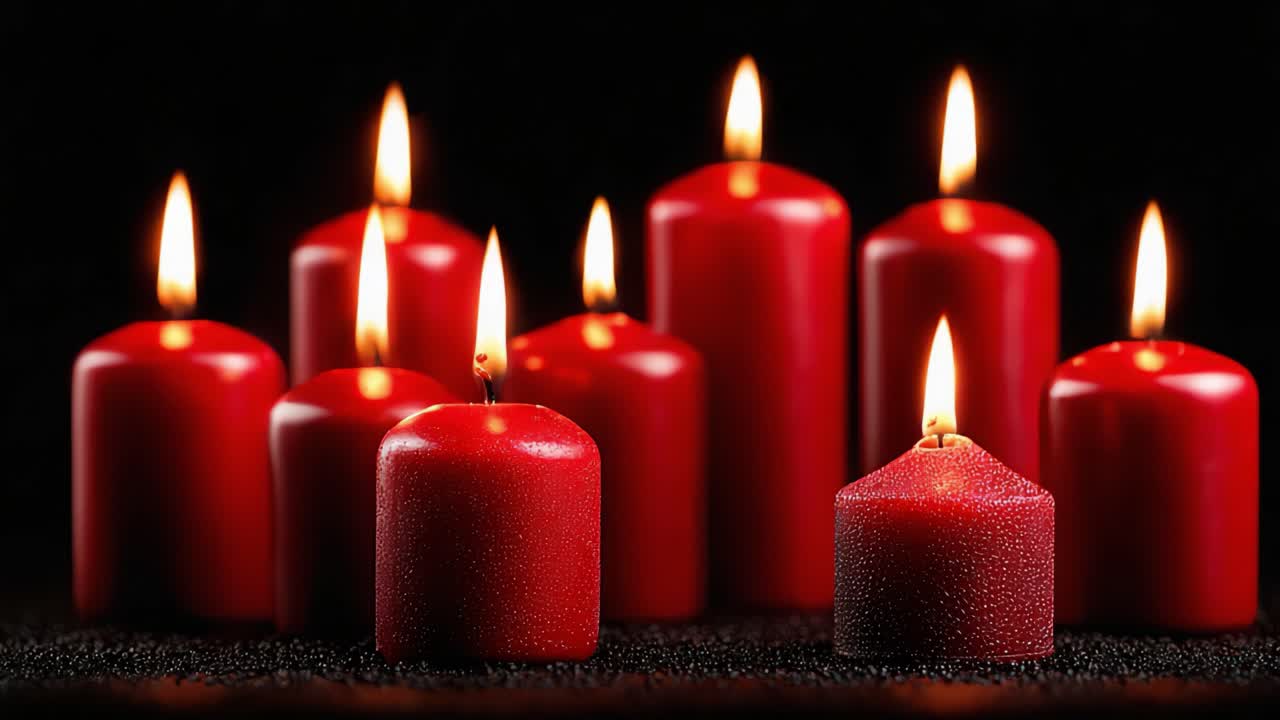 Una collezione luminosa di candele rosse che illuminano uno sfondo scuro, creando un'atmosfera calda e invitante perfetta per il relax o una celebrazione