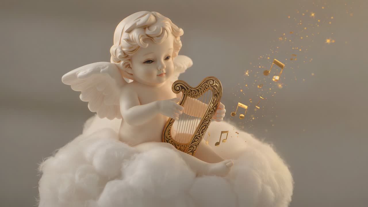 Plucking ornate harp, cherub sending glowing beam on cloud in studio, producing floating notes