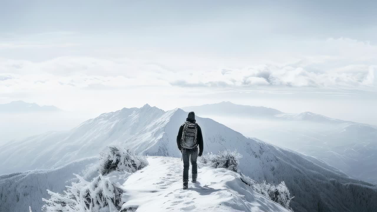 Hiker with a backpack traversing a snowy mountain ridge, savoring the breathtaking winter landscape filled with snow covered peaks and frosted trees under a clear sky
