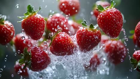 fresh strawberries splashing in water