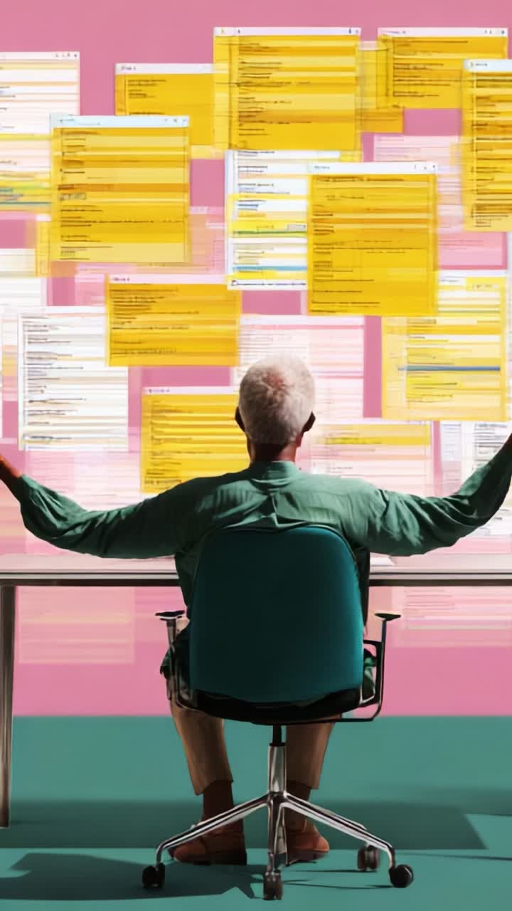 Una persona sentada en un escritorio, abrumada por una multitud de pantallas digitales llenas de información, que pone de manifiesto los retos de la gestión y la organización de datos modernas.