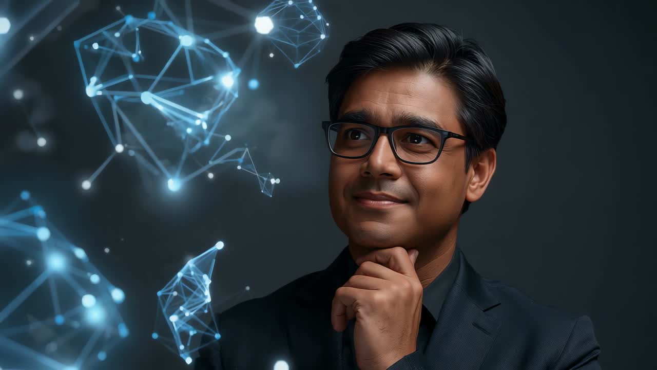 Hombre con traje oscuro y gafas siguiendo una superposición de red azul en un estudio, espacio para texto