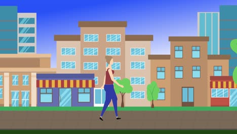 women walking cycle loop around of city background, flat cartoon design animation