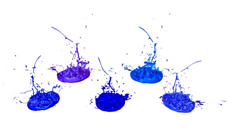 3d splashes of liquid. paint bounce in 4k on white background. simulation of splashes of ink on a musical speaker that play music. version shades of blue 9