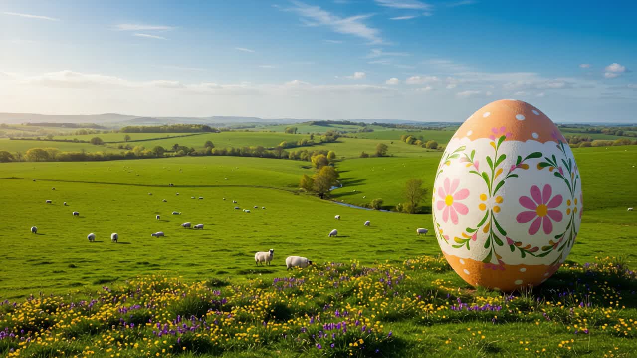 A Vibrant Easter Egg Gracefully Nestled in a Lush Green Landscape, Surrounded by Grazing Sheep and Colorful Wildflowers Under a Clear Blue Sky