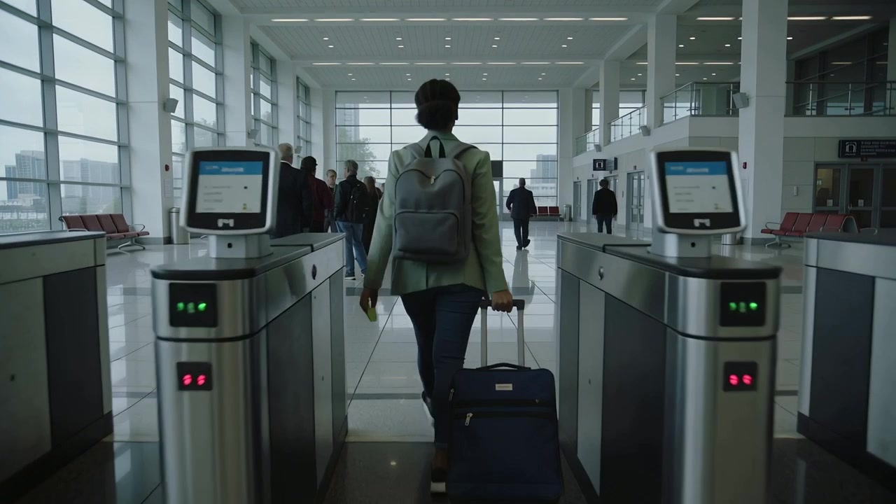 Una donna entra camminando nel terminal per imbarcarsi, passando attraverso i cancelli automatici, trascinando una valigia blu navy