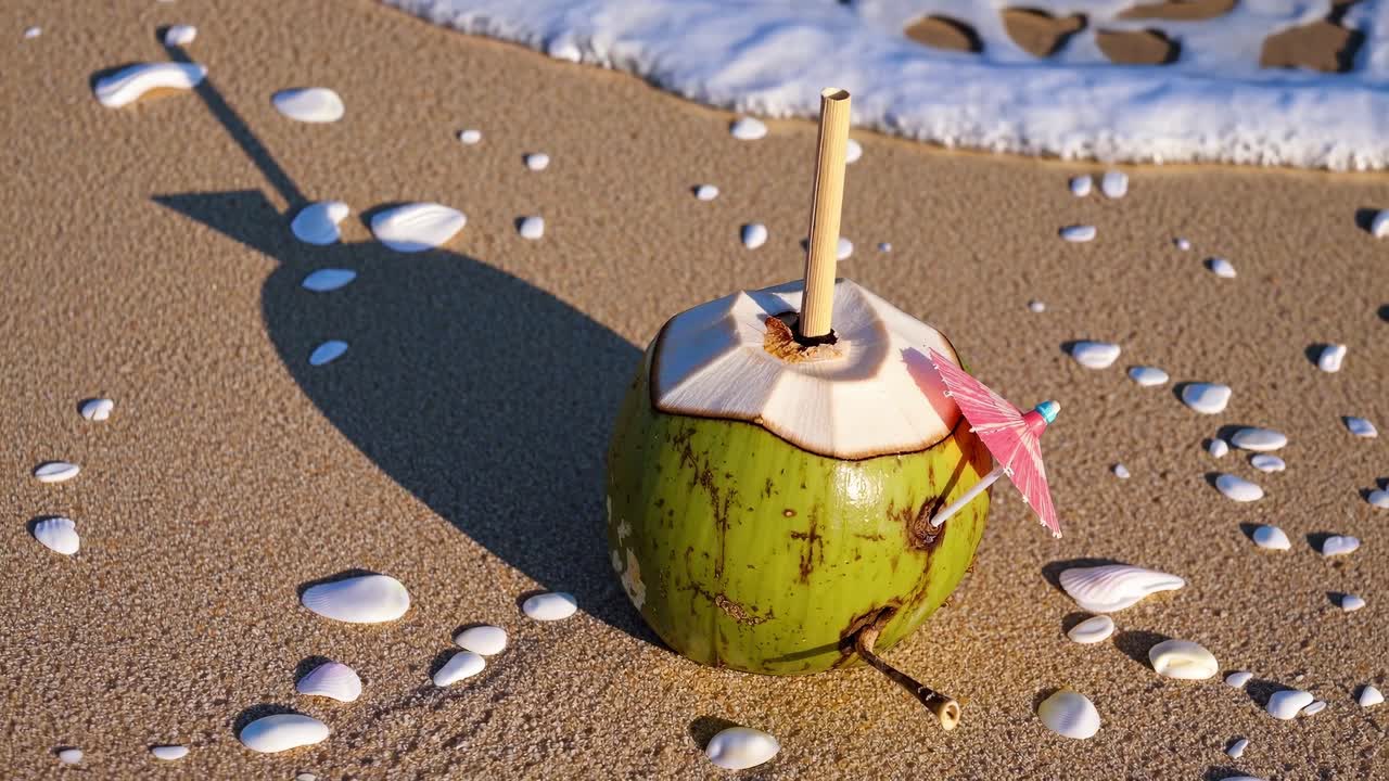 Refreshing coconut drink with colorful umbrella and straw on sandy beach, surrounded by gentle waves and seashells, capturing a serene tropical moment