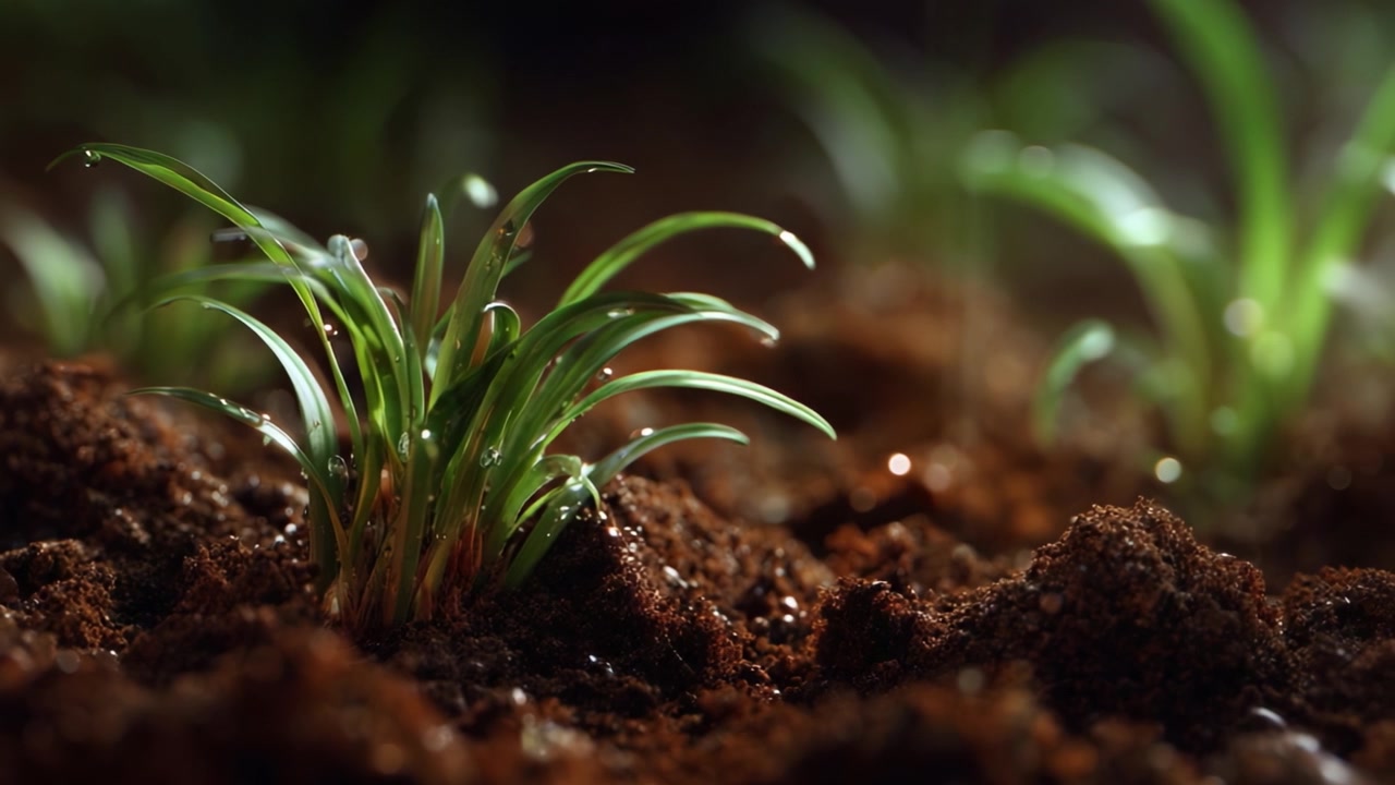 A Close-Up View of Freshly Sprouted Grass Emerging from Rich Soil with Water Droplets, Capturing the Essence of Nature and Growth in a Vibrant Environment