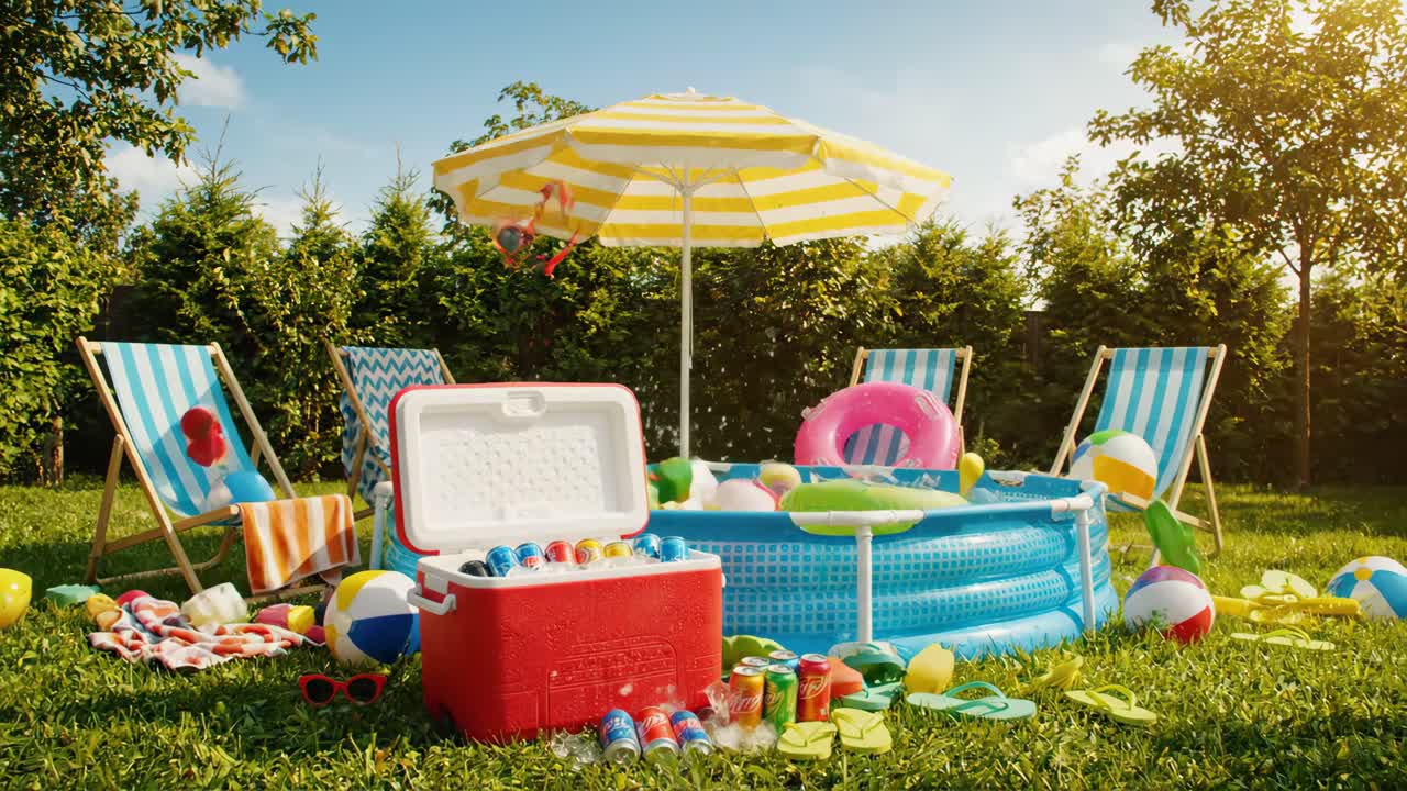 Kleurrijke opstelling voor een zomers zwembadfeest in de achtertuin met accessoires