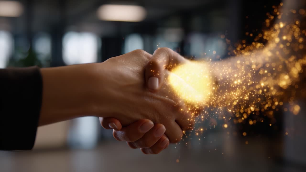 A Powerful Handshake Symbolizing Trust and Collaboration, Enhanced with Magical Sparkles That Highlight Connection and Professional Engagement Between Individuals
