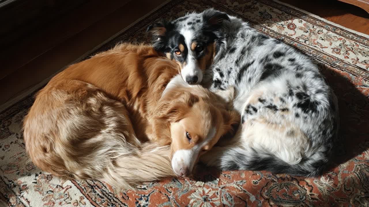 Zwei bezaubernde Hunde kuscheln gemütlich zusammen auf einem kuscheligen Teppich und genießen einen sonnigen Moment der Ruhe und Zuneigung in einer warmen Innenumgebung
