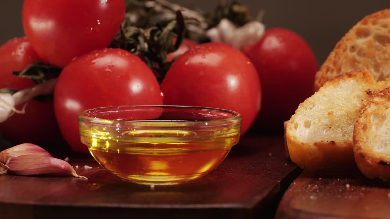 Delicious tapas bread with tomatoes pasta with olive oil close-up, bruschetta with red sauce ketchup, olives dry tomatoes and tasty sandwich bar appetizer, buffet