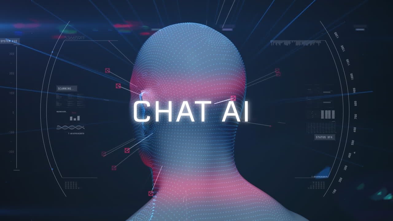 Animation of artificial intelligence chat text and data processing over human head