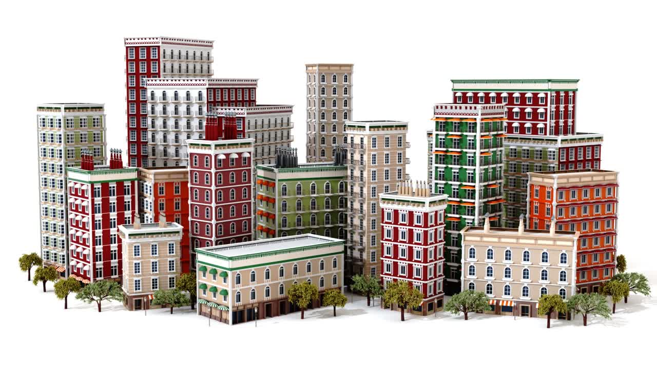 카메라가 주기적인 건물과 함께 아름다운 도시 주변을 날아갑니다. 3d 렌더링 4k