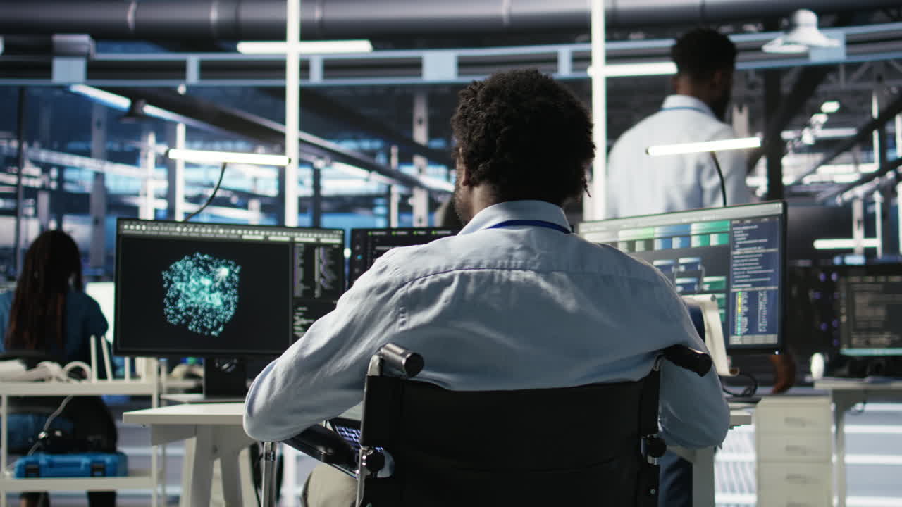 Server room programmer with paraplegia interprets AI data analytics graphs