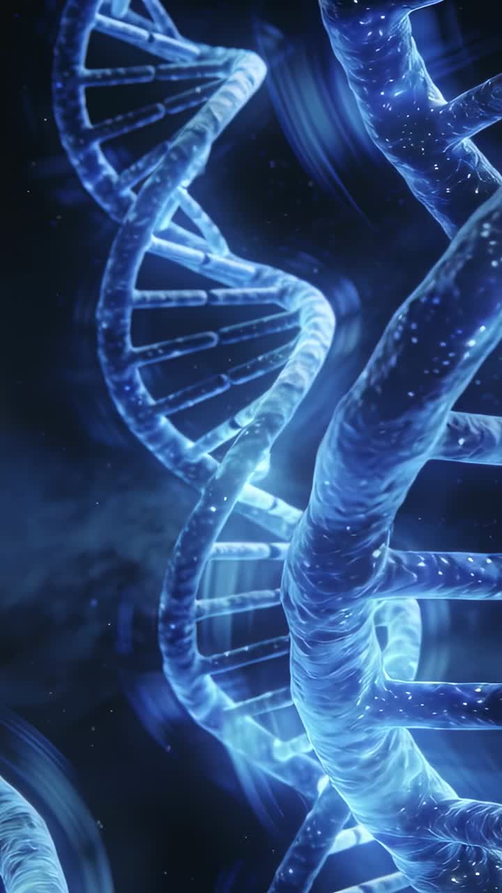 Video verticale: Telecamera che zooma mostrando una doppia elica di DNA che ruota, pulsante in CGI scuro, rivelando puntini.