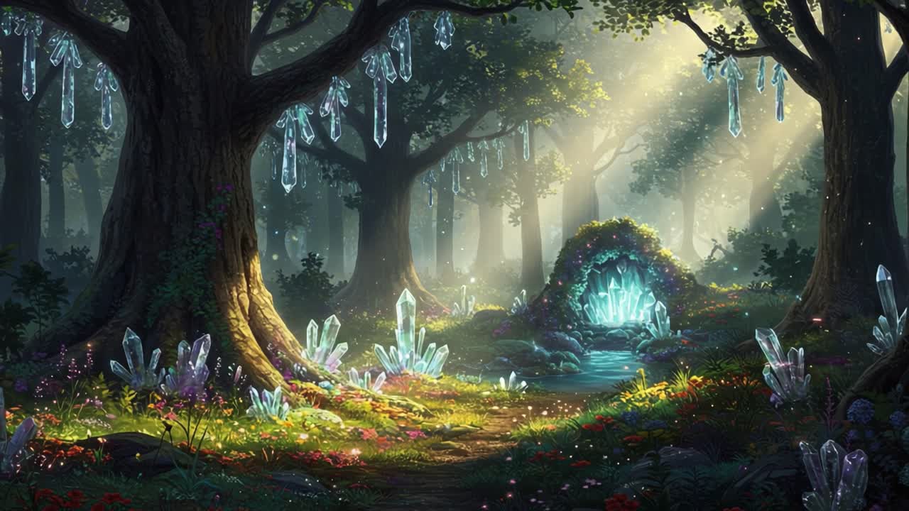 A Serene Enchanted Forest with Glimmering Crystals and Sunlight Filtering Through Lush Canopy, Inviting Exploration and Wonder in a Tranquil Natural Setting