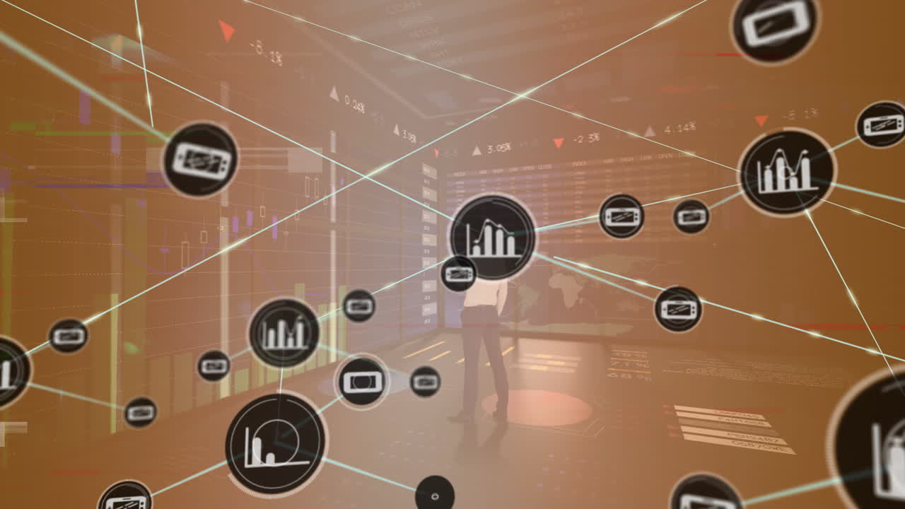 animación de procesamiento de datos financieros sobre diversas personas de negocios en la oficina