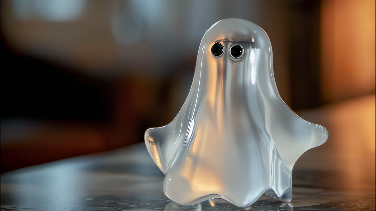 Small glass ghost figure reflecting light on a shiny surface, nestled in a softly blurred interior, evoking an air of mystery and intrigue perfect for Halloween decor