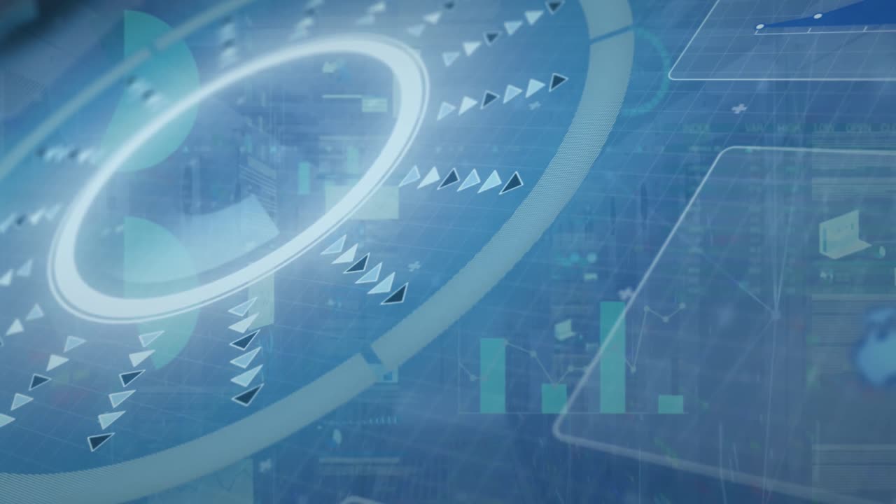 디지털 인터페이스의 애니메이션과 파란색 배경의 스크린에서 데이터 처리가